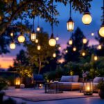 A photograph of a beautifully lit outdoor setting featuring an array of stylish solar hanging lanterns