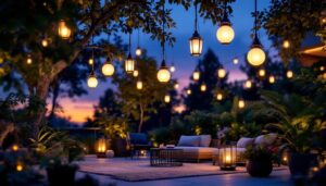 A photograph of a beautifully lit outdoor setting featuring an array of stylish solar hanging lanterns