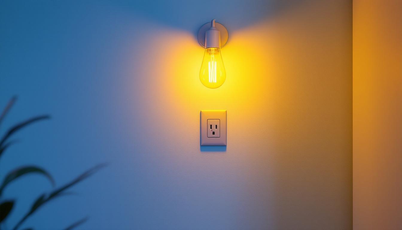 A photograph of a stylish light fixture installed above a modern electrical outlet