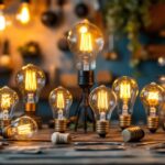 A photograph of a beautifully arranged display of antique-style led bulbs in various shapes and sizes