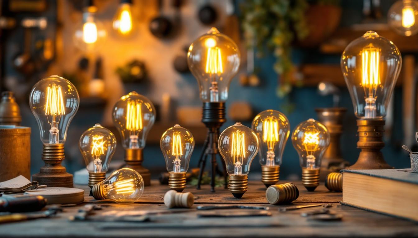 A photograph of a beautifully arranged display of antique-style led bulbs in various shapes and sizes