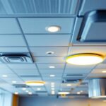 A photograph of a well-lit suspended ceiling installation featuring various types of ceiling tiles and integrated lighting solutions