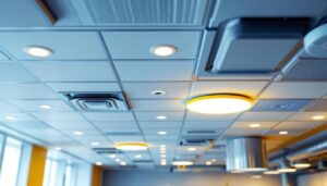A photograph of a well-lit suspended ceiling installation featuring various types of ceiling tiles and integrated lighting solutions