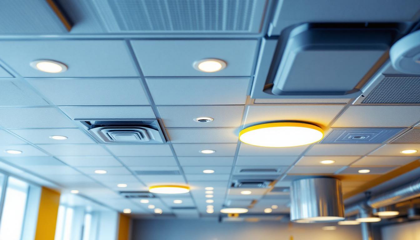 A photograph of a well-lit suspended ceiling installation featuring various types of ceiling tiles and integrated lighting solutions