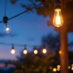 A photograph of a beautifully lit outdoor space featuring vintage gooseneck lighting fixtures