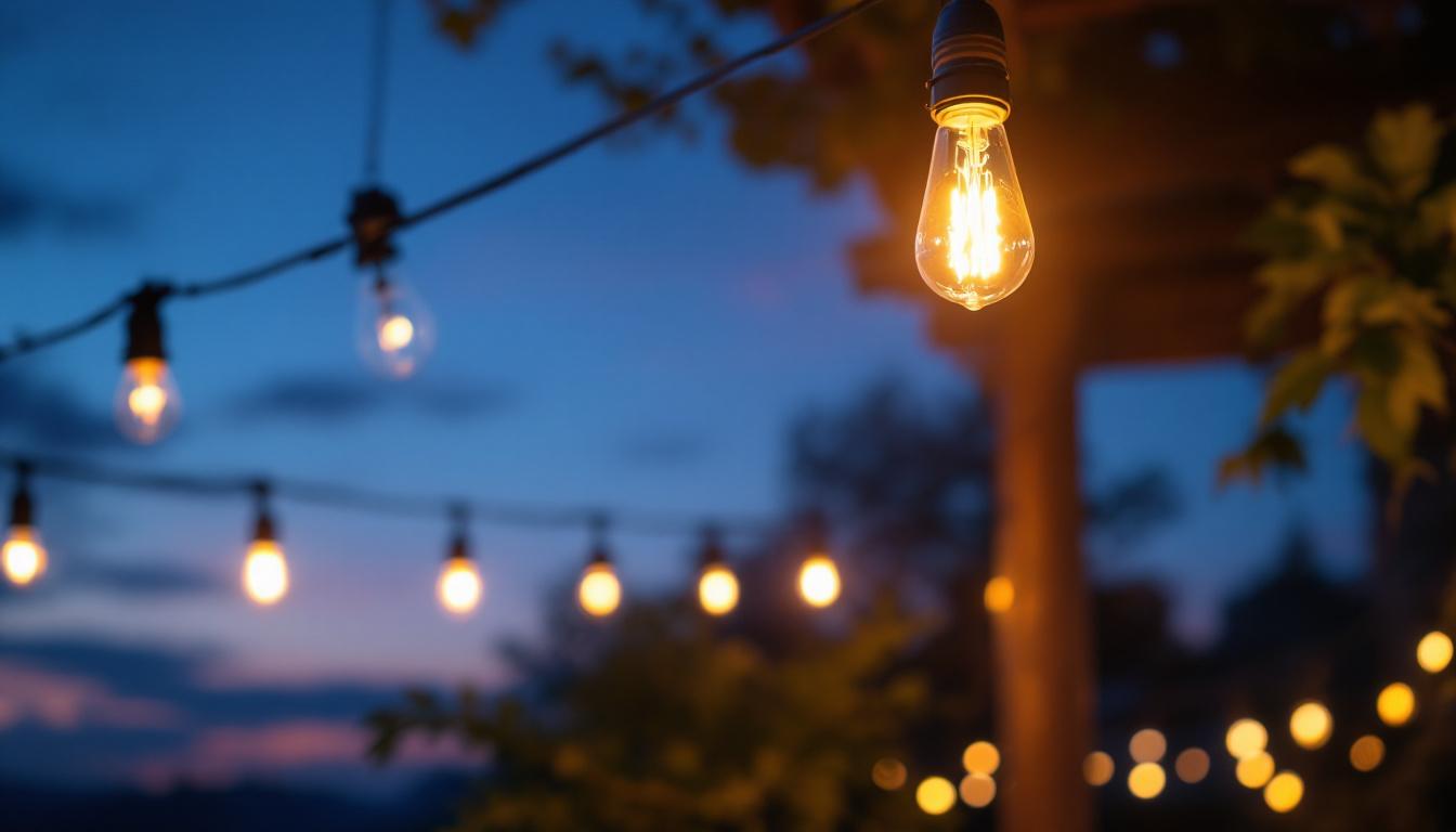 A photograph of a beautifully lit outdoor space featuring vintage gooseneck lighting fixtures