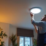 A photograph of a lighting contractor expertly installing both 4-inch and 6-inch recessed lighting fixtures in a modern home setting