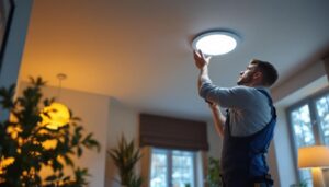 A photograph of a lighting contractor expertly installing both 4-inch and 6-inch recessed lighting fixtures in a modern home setting