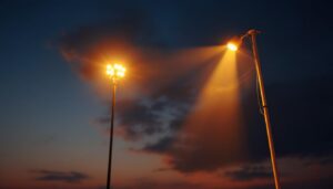 A photograph of a beautifully illuminated flagpole at dusk
