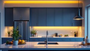 A photograph of a well-designed kitchen featuring sleek under cabinet recessed lighting that highlights the workspace