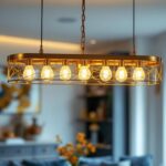 A photograph of capture a photograph of an elegant antique brass linear chandelier elegantly suspended in a stylishly decorated dining space