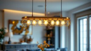 A photograph of capture a photograph of an elegant antique brass linear chandelier elegantly suspended in a stylishly decorated dining space
