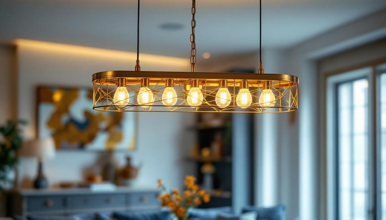 A photograph of capture a photograph of an elegant antique brass linear chandelier elegantly suspended in a stylishly decorated dining space
