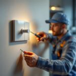 A photograph of a lighting contractor expertly installing a stylish dimmer switch in a modern home setting