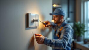 A photograph of a lighting contractor expertly installing a stylish dimmer switch in a modern home setting