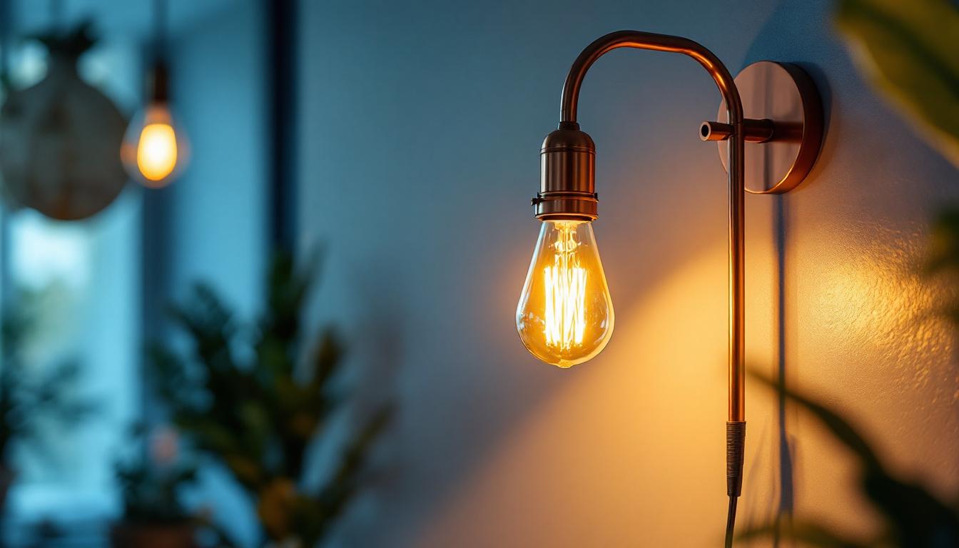 A photograph of a beautifully designed copper gooseneck light fixture illuminating a cozy indoor space