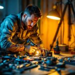 A photograph of a skilled lighting contractor in action