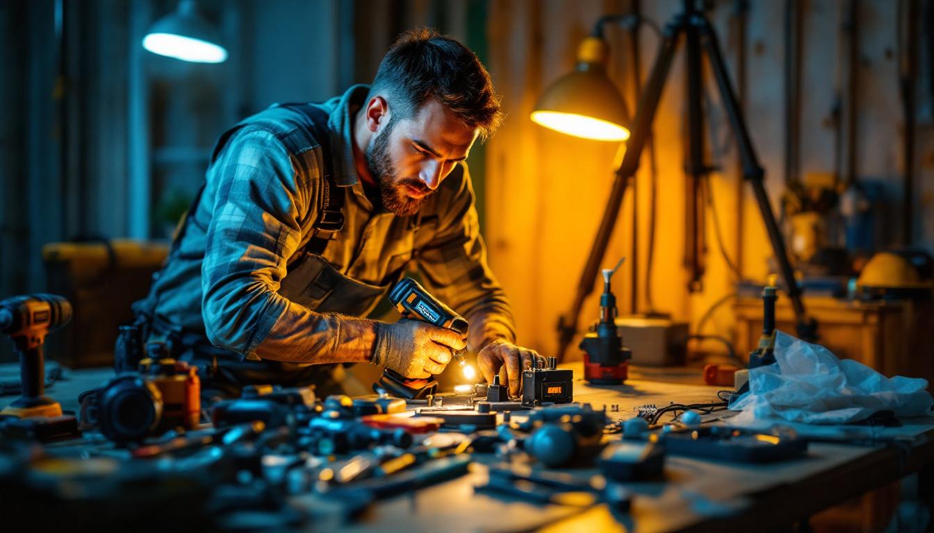 A photograph of a skilled lighting contractor in action