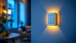 A photograph of a leviton wifi switch dimmer installed in a stylish home setting