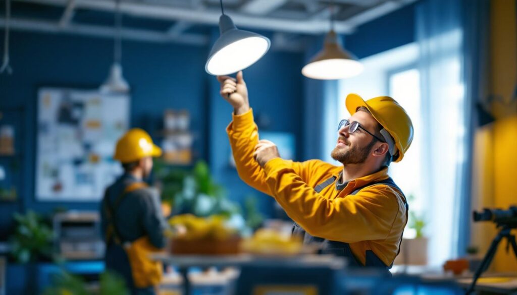 A photograph of a lighting contractor expertly installing a high-quality led lamp in a modern workspace