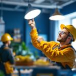 A photograph of a lighting contractor expertly installing a high-quality led lamp in a modern workspace