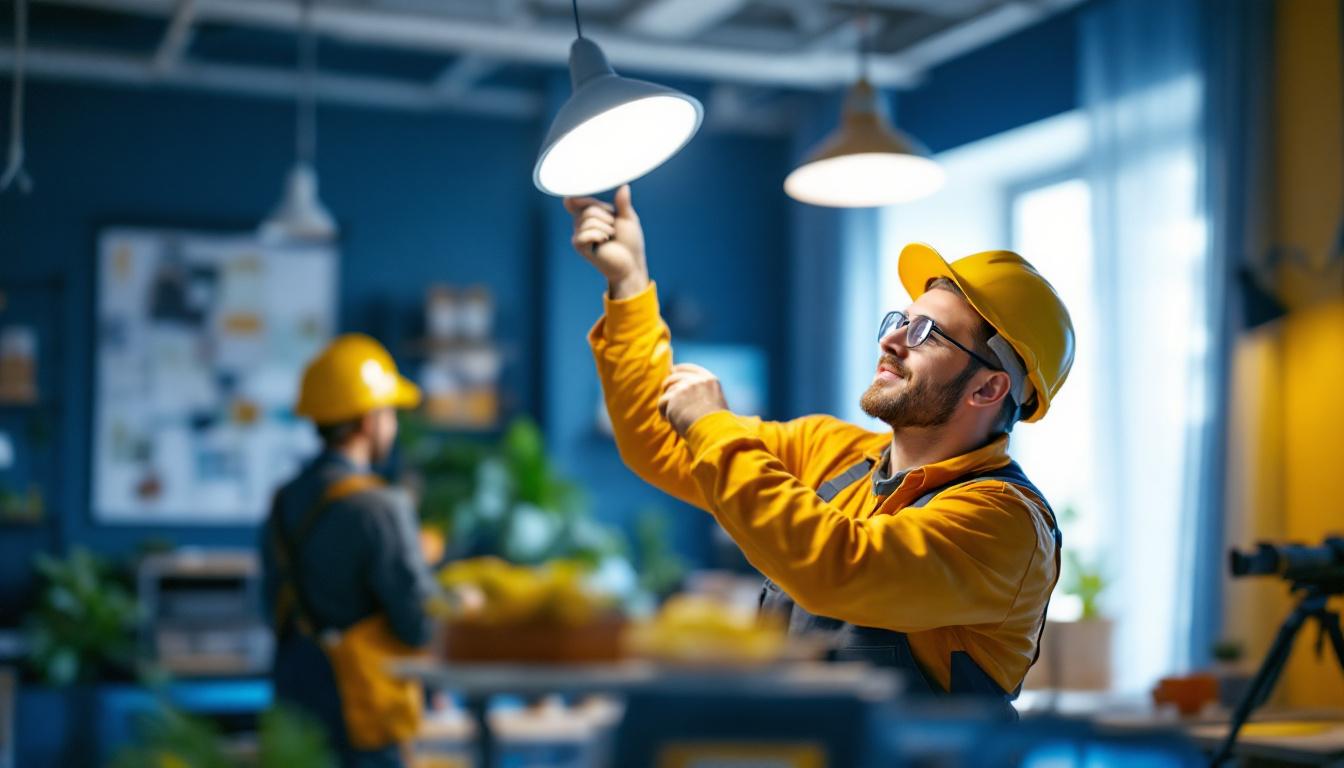 A photograph of a lighting contractor expertly installing a high-quality led lamp in a modern workspace