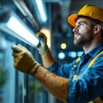A photograph of a skilled lighting contractor expertly installing t8 led bulbs in a modern workspace