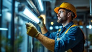 A photograph of a skilled lighting contractor expertly installing t8 led bulbs in a modern workspace