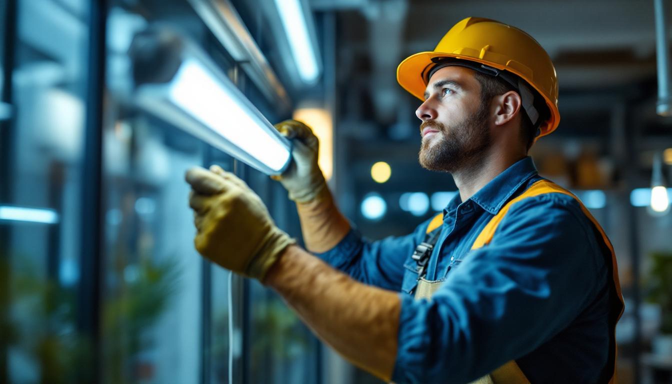 A photograph of a skilled lighting contractor expertly installing t8 led bulbs in a modern workspace