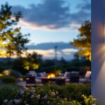 A photograph of a beautifully designed outdoor space featuring an elegant post and wall light set
