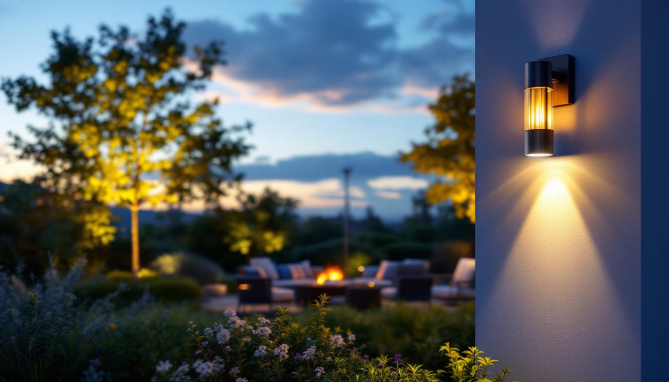A photograph of a beautifully designed outdoor space featuring an elegant post and wall light set