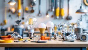 A photograph of a diverse array of light bulb fittings displayed on a clean