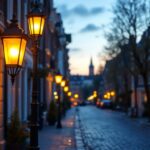 A photograph of an elegant antique gas street light illuminating a charming cobblestone street at dusk