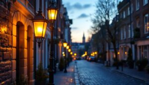 A photograph of an elegant antique gas street light illuminating a charming cobblestone street at dusk