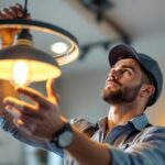 A photograph of a lighting contractor carefully balancing a modern light fixture in a well-lit room