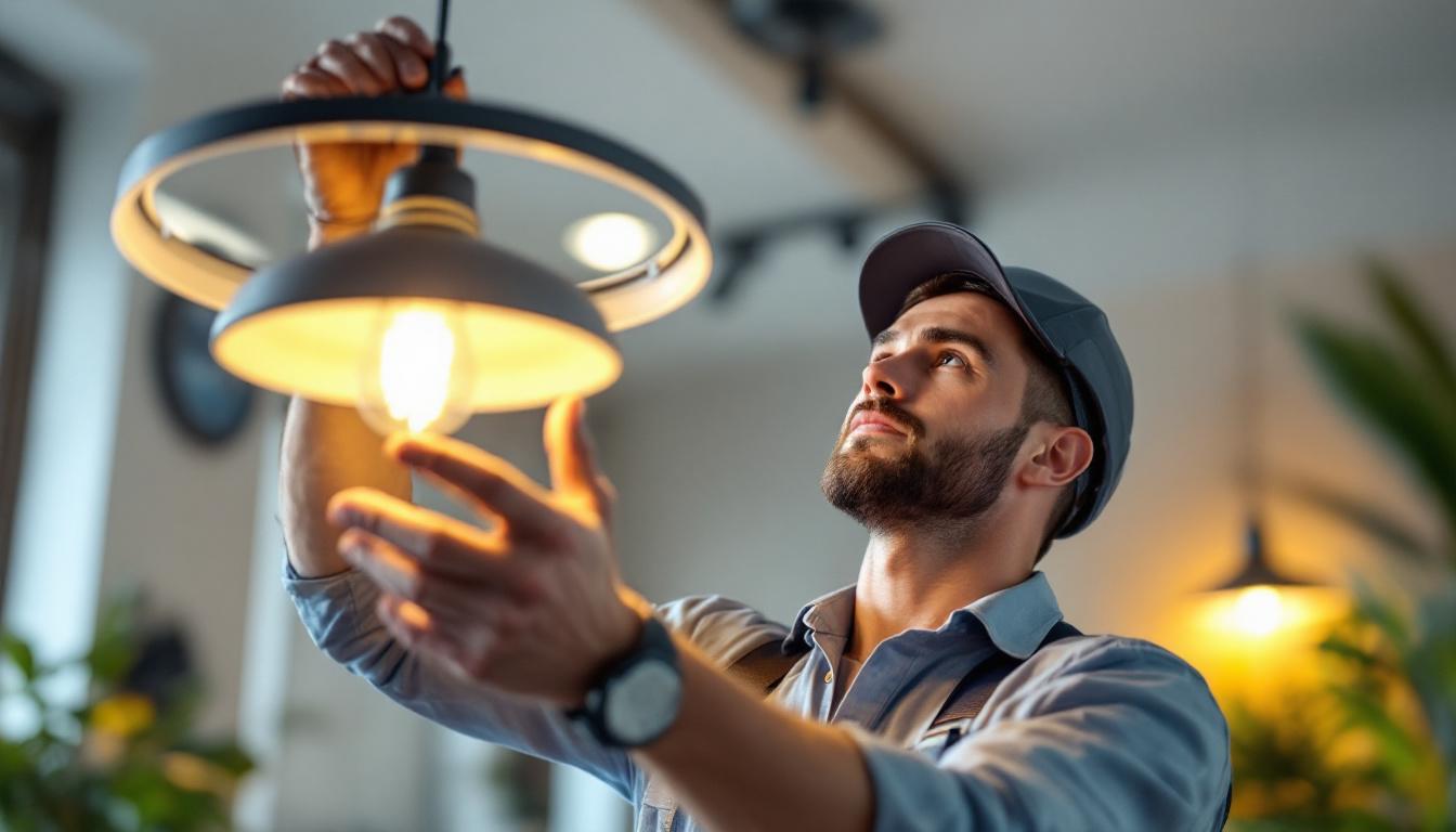 A photograph of a lighting contractor carefully balancing a modern light fixture in a well-lit room