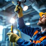 A photograph of a lighting contractor in action