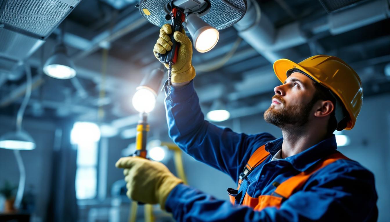 A photograph of a lighting contractor in action