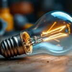 A photograph of a close-up shot of a light bulb with its glass casing partially removed