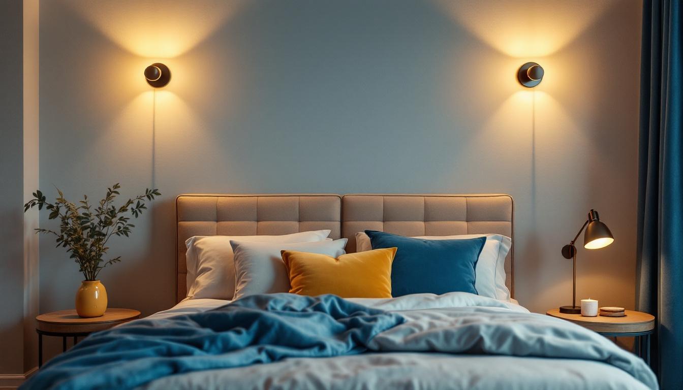 A photograph of a beautifully styled bedroom featuring elegant over bed wall lights
