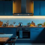 A photograph of a beautifully lit kitchen featuring stylish over-the-cabinet lighting