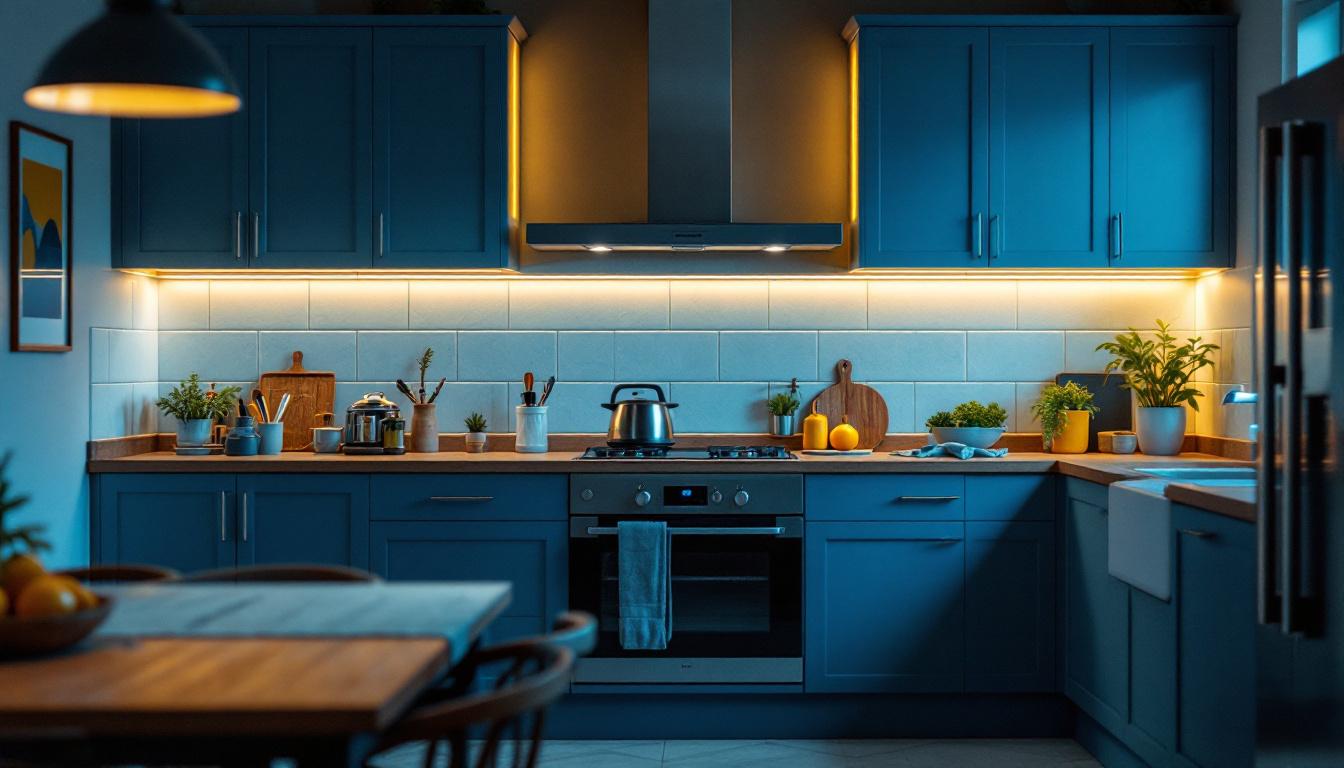 A photograph of a beautifully lit kitchen featuring stylish over-the-cabinet lighting