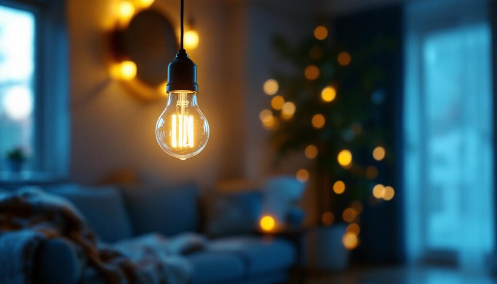 A photograph of a stylishly designed 18-watt led bulb illuminated in a cozy home setting