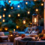 A photograph of an elegantly designed outdoor setting featuring various styles of battery-operated hanging lanterns illuminating a cozy patio or garden space during twilight