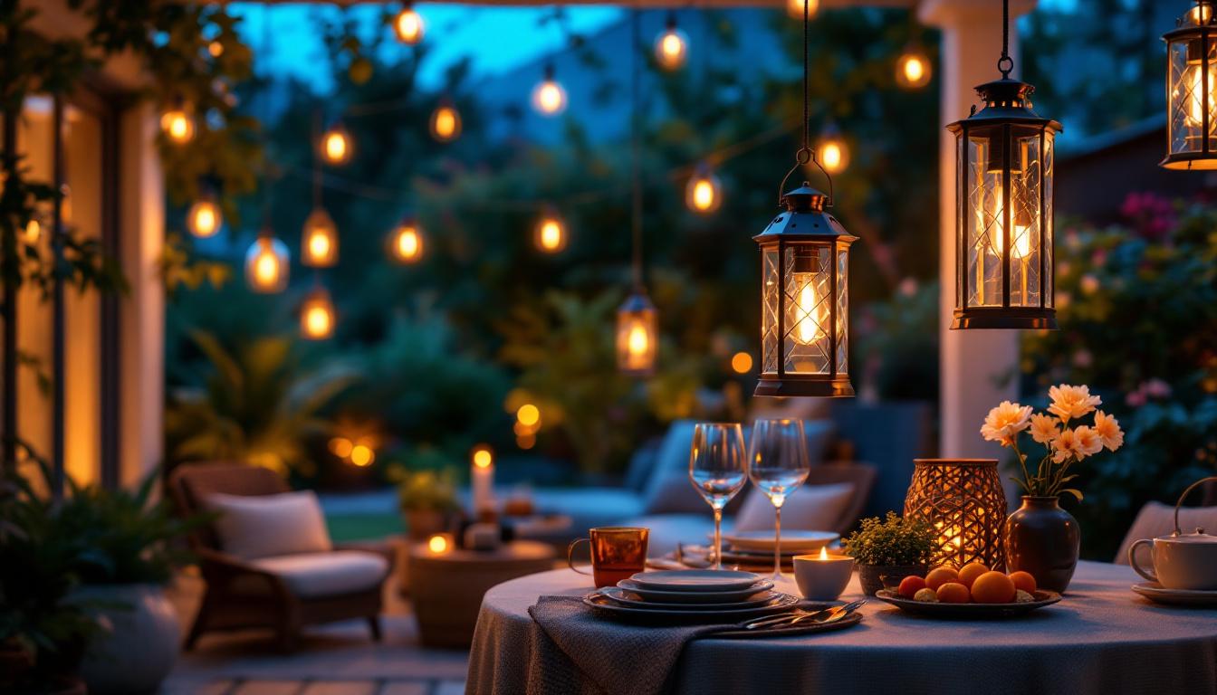 A photograph of an elegantly designed outdoor setting featuring various styles of battery-operated hanging lanterns illuminating a cozy patio or garden space during twilight