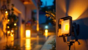 A photograph of a lighting contractor skillfully installing a dimmable led flood light in a residential or commercial setting
