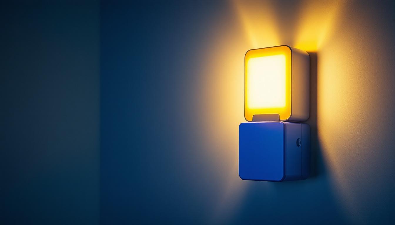 A photograph of a stylish emergency lamp with a battery prominently displayed in a well-lit installation setting