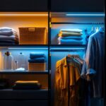 A photograph of a well-organized closet shelf illuminated by stylish