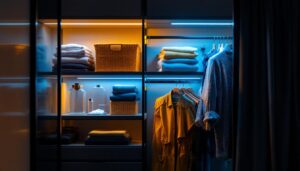 A photograph of a well-organized closet shelf illuminated by stylish
