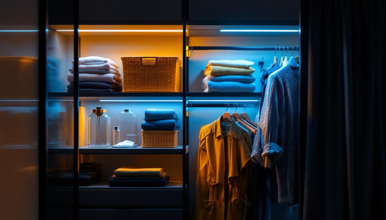 A photograph of a well-organized closet shelf illuminated by stylish